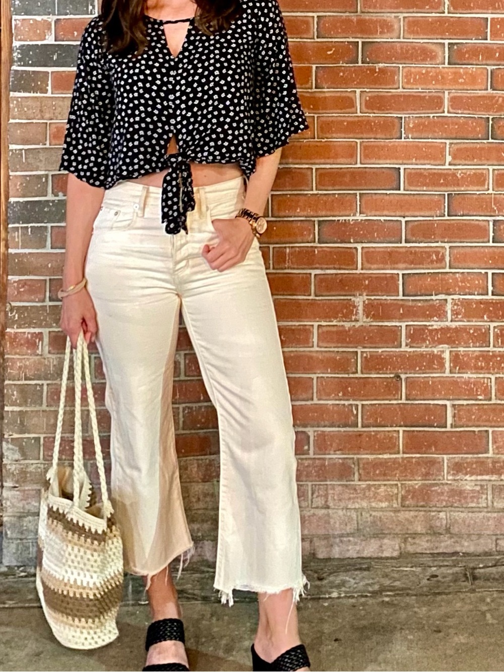 American Eagle wide leg crop jeans ivory cream ecru 0 short